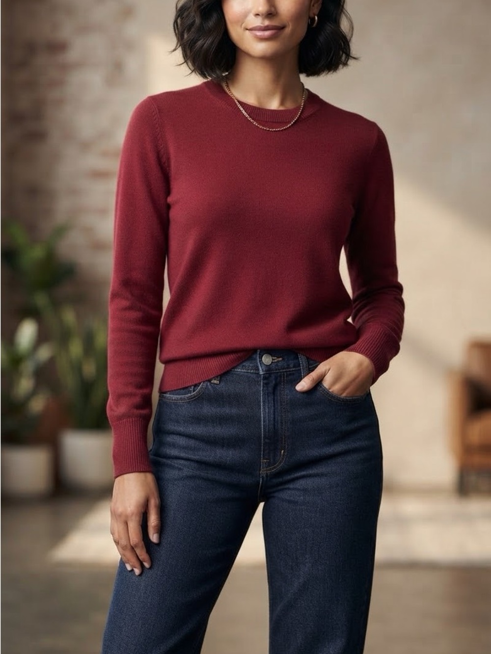 UNIQLO Extra Fine Merino Wool Crewneck Sweater Wine Red Long Sleeve Knit Classic